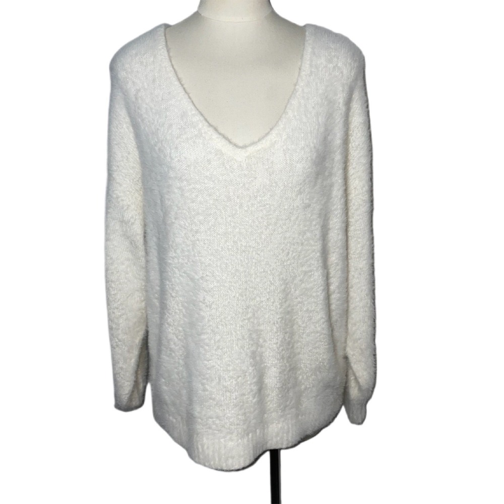 Cream V Neck Fuzzy Soft Knit Sweater Cozy‎ Oversized Long Sleeve Top